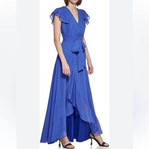 Calvin Klein Ruffle Tie Front Blue Shimmer Maxi Dress Size 6